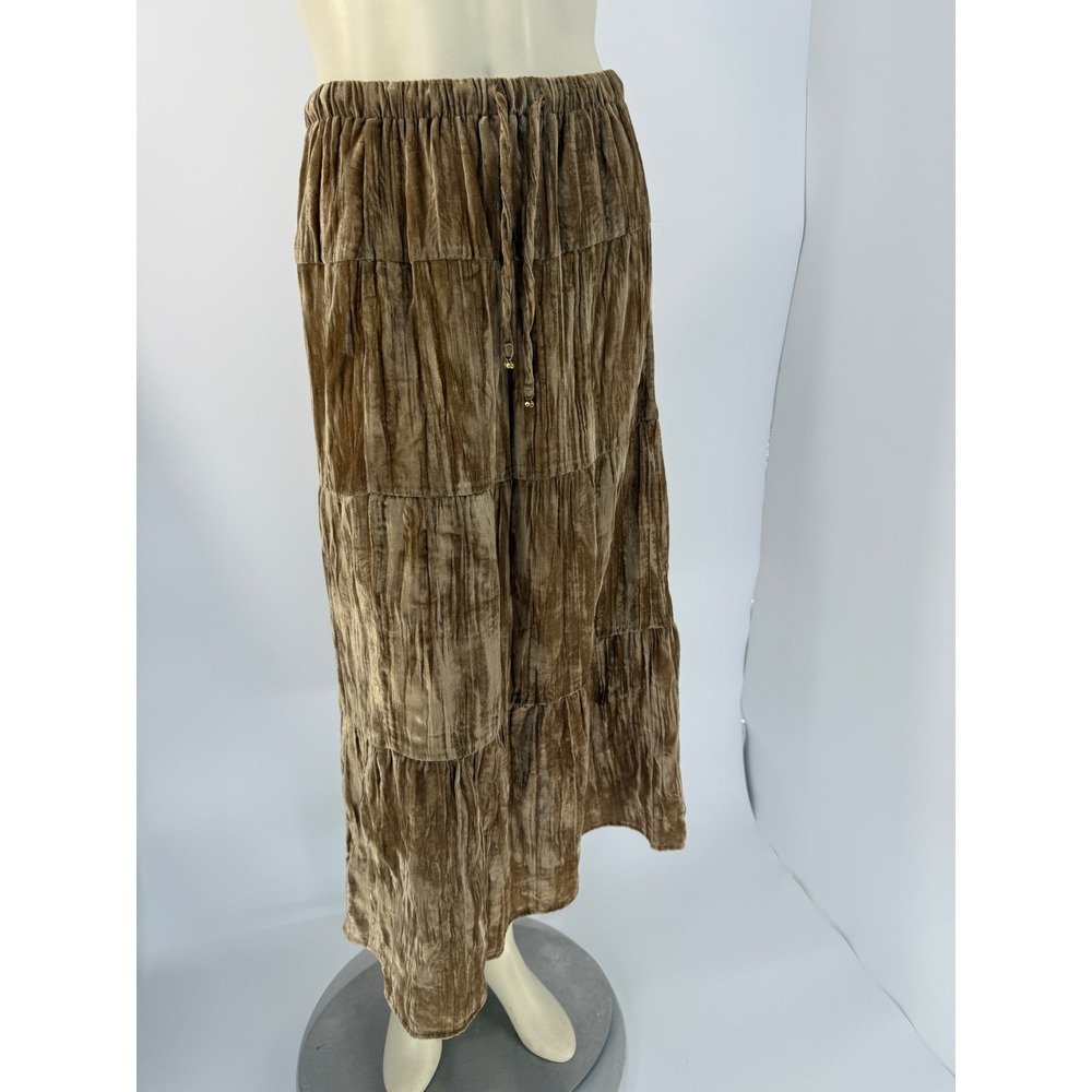 First Issue Liz Claiborne Brown Crushed Velvet Tiered Maxi Skirt Womens 8 Boho